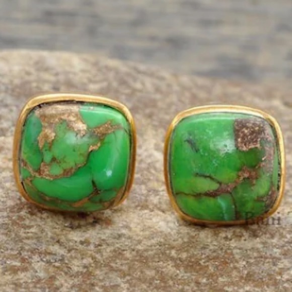 Jewelry - 🛍️🎇☘️🌕🎁18K Gold Copper Slime Brat Green Genuine Turquoise Stone Earrings